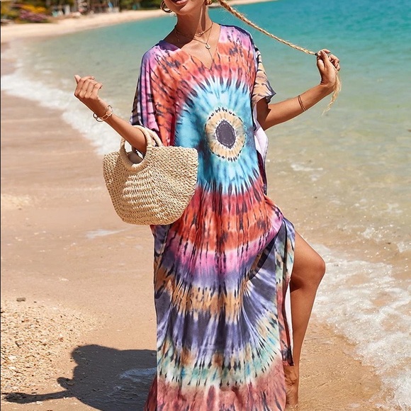 Boho Eye Tie Dye OverSized Maxi Beach Kaftan Dress Beach Coverup - Picture 2 of 6
